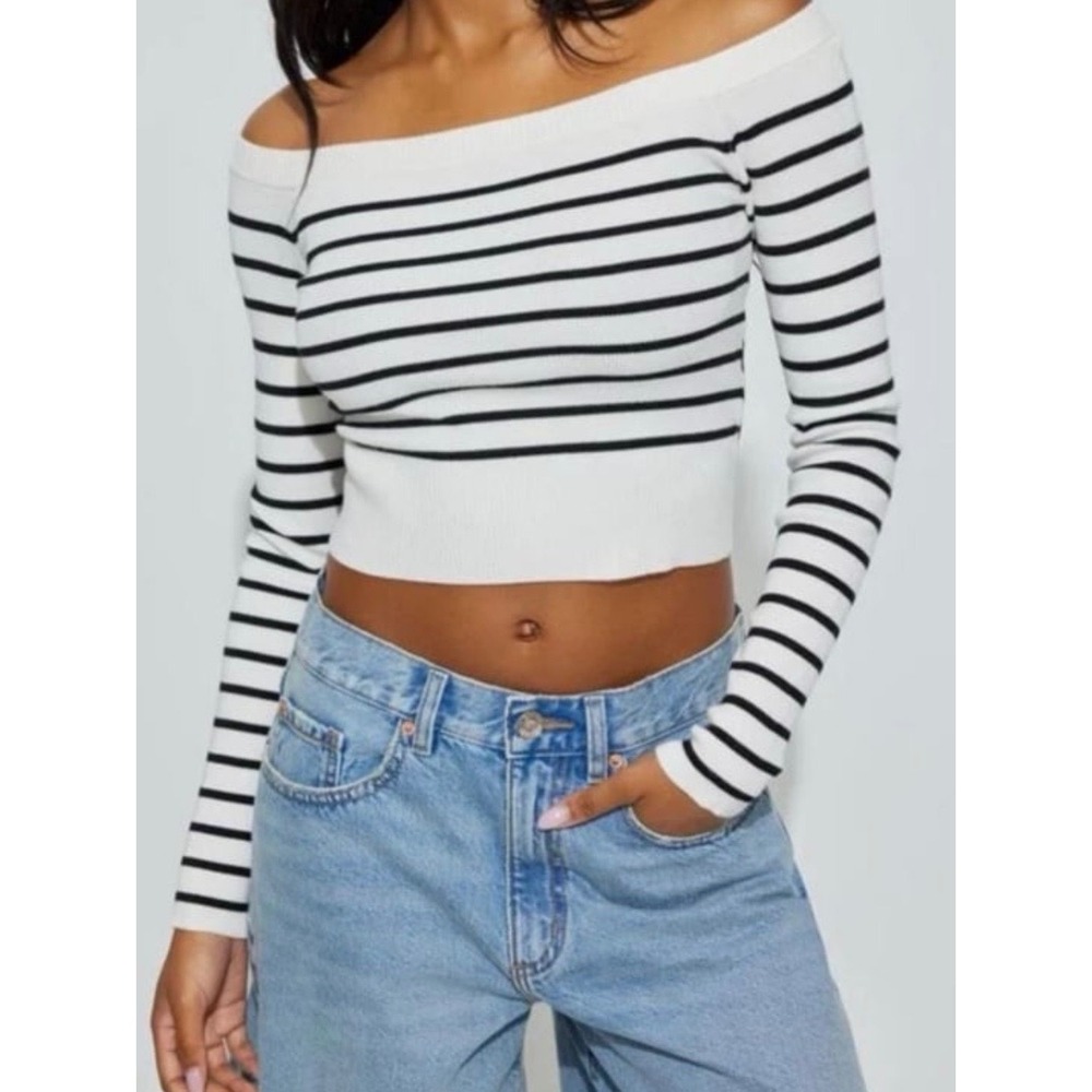 Garage Womens Off The Shoulder Crop Top White Black Striped Knit Long Sleeve - S